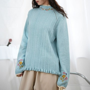 刺繡花邊高領針織衫121009