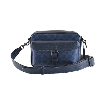 COACH丹寧藍C LOGO PVC拼接午夜藍荔枝紋皮革前釦袋中款斜背男包