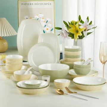 奶油風陶瓷餐具家用奶呼呼簡約時尚好看加厚防燙結婚喬遷送禮套裝