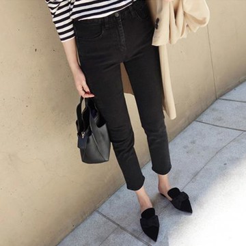 黑色直筒牛仔褲女2025年新款小個子高腰加絨冬季百搭八分煙管褲子