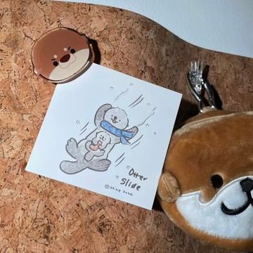 Shine原創可愛海獺親子遛滑雪插畫明信片
