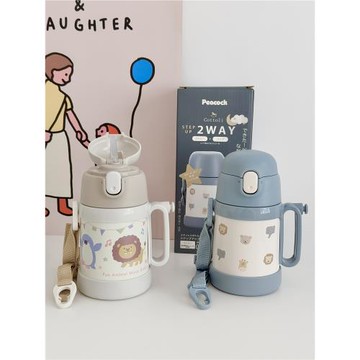 日本cottoli小象兒童不銹鋼吸管保溫杯幼兒園水杯背帶兩用水壺