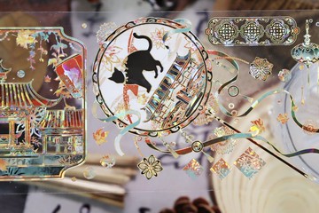 唐 黒貓 東方古風 PET 紙膠帶 貝殼光 / 割型貼紙卷 星光膜