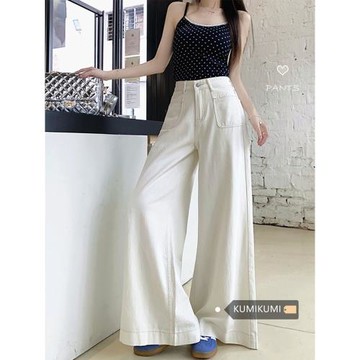 美式白色寬松闊腿褲牛仔褲女裝秋季高腰顯瘦直筒褲百搭拖地長褲子