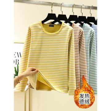 加厚雙面德絨條紋打底衫女秋冬加絨內搭長袖t恤大碼保暖體恤上衣