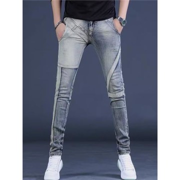 春夏季新款高端拼接彈力牛仔褲男士修身小腳休閑重工復古個性長褲