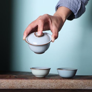 甄璽汝窯小蓋碗100ml二才開片不燙手景德純手工茶器功夫茶具套裝