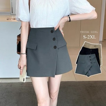 《杜達女孩》優雅攻勢 S-2XL高腰側釦裙褲 西裝短裙 裙子 窄裙 膝上裙 A字裙 工裝裙 高腰短裙 褲裙 排釦短裙 女