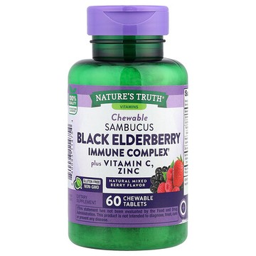 Nature's Truth, 黑接骨木果機體抵抗復合物 + 維生素 C 和鋅，天然混合漿果，60 片咀嚼片