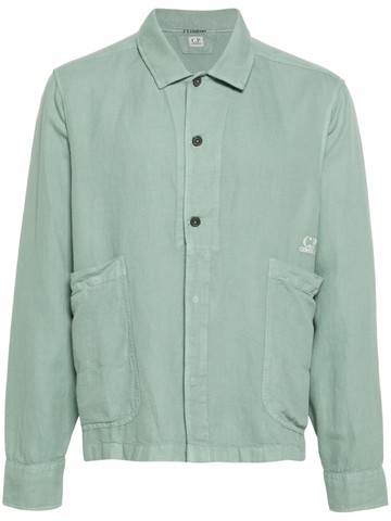 C.P. Company - logo-embroidered twill shirt - men - Cotton/Linen/Flax - XL - Green