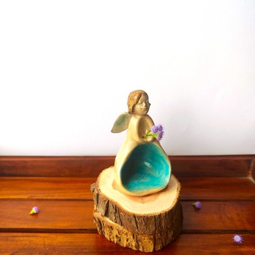 娃娃香插燭台-天使香插燭座-小花插-手作陶-香插座