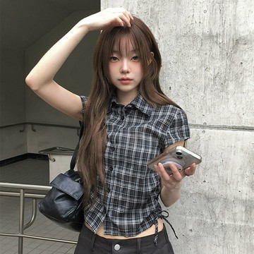 ˏˋ 𝐻𝑒𝑦 𝑆𝑝𝑟𝑖𝑛𝑔 - ̗̀ 🌷⛅️ ̖́‎韓系夏季新款百搭設計感抽繩調節短款格子短袖襯衫 女生上衣