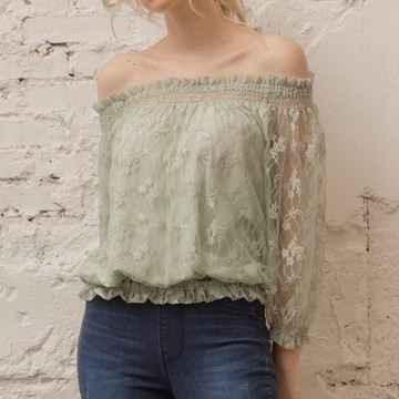 蝴蝶蕾絲百搭兩穿上衣    綠