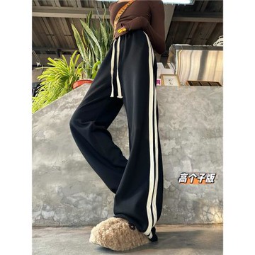 貓貓家加長女褲黑色運動褲女春季休閑衛褲垂感直筒顯瘦窄版闊腿褲