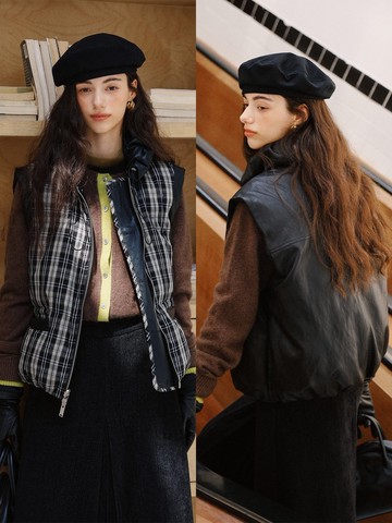 灰色/藍色 調色盤 文藝花紗撞色包邊馬甲 毛衣疊搭背心 UPW紗線