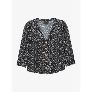 諾諾E站【MK】秋裝 女式休閑寬松復古碎花V領單排扣長袖襯衫