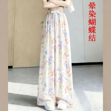 夏季薄款高腰女褲 冰絲水墨垂感慵懶中式水墨畫褲女 7N