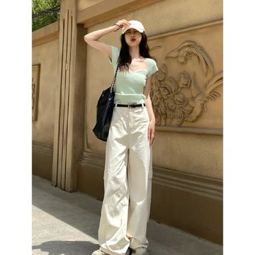 夏季小個子茶系穿搭一整套活潑減齡甜辣上衣兩件套裝休閑工裝褲女