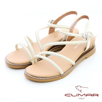【CUMAR】不對襯鑽條楔型涼鞋-米白