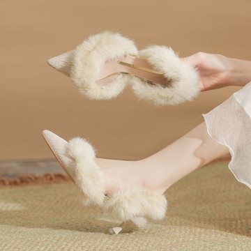 2023秋冬新款絕美時尚外穿毛毛鞋法式細跟尖頭低跟加絨高跟鞋女鞋