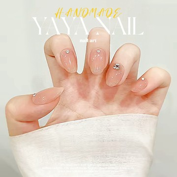『YAYA NAIL』肉桂茶凍手工穿戴甲 高級感輕奢中橢圓穿戴式美甲貼片 顯白爆閃鑽飾裸色手作美甲片 光療指甲貼紙