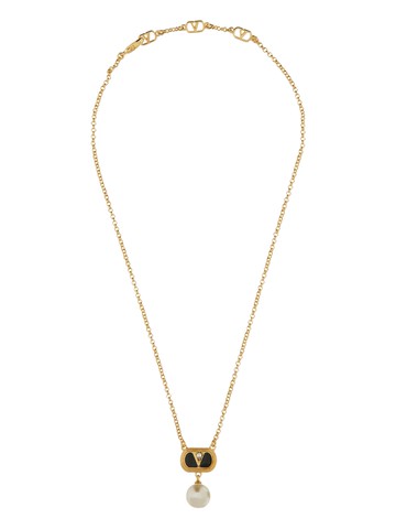 valentino garavani metal "ovalette" necklace with enamel, crystal and swarovski pearl