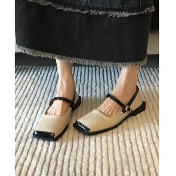 羊皮版！法式單鞋女平底小眾設計方頭一字帶配裙子淺口瑪麗珍鞋