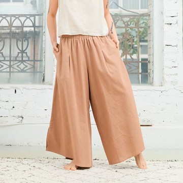 OMAKE 小開衩散狀大寬褲 / 菱紋布 粉膚