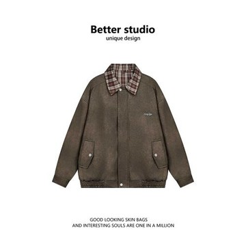 美式復古麂皮絨皮衣女秋季設計感拼接格子翻領外套小眾機車服上衣