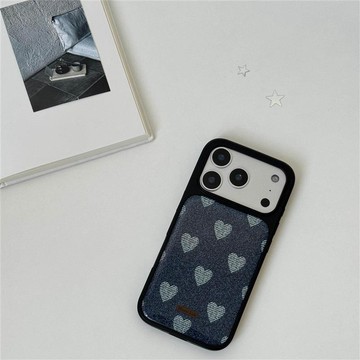 ✨iPhone手機殼✨ins復古牛仔紋愛心黑邊玻璃手機殼適用蘋果iPhone17promax高級感