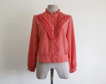 復古粉紅荷葉邊領襯衫 女長袖刺繡上衣 M號