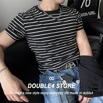 【DOUBLE4】正韓 合身短袖t 條紋 顯壯 百搭 運動 健身 Clean Fit 超彈力 短袖上衣 2532