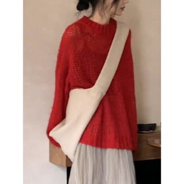 毛衣2024新款寬松慵懶風高級感獨特超好看復古紅色圓領針織上衣潮