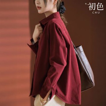初色 棉麻休閒風純色翻領元寶領寬鬆單排扣長袖襯衫上衣女上衣-共5色-14799(M-2XL可選)