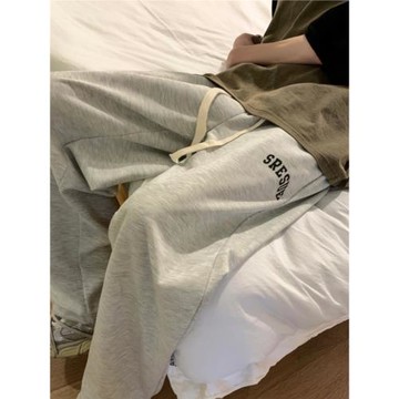 美式復古灰色褲子男春秋抽繩束腳運動褲潮牌寬松闊腿直筒休閑衛褲