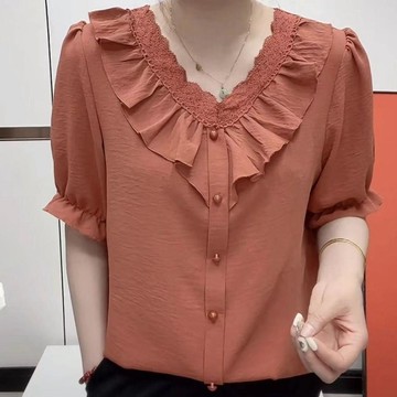 台灣现貨 薄款透氣上衣 寬鬆大碼上衣 夏季媽媽短袖 V領顯瘦上衣 涼感雪紡衫 夏季輕薄上衣 薄款涼感上衣 涼感上衣