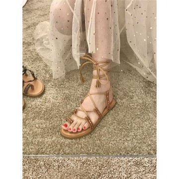 綁帶涼鞋女款2024夏季波西米亞系帶平底羅馬鞋泰國海邊度假沙灘鞋