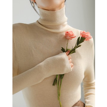 白色長袖綿羊毛堆堆領針織衫女早秋疊穿薄款修身內搭打底毛衣高領