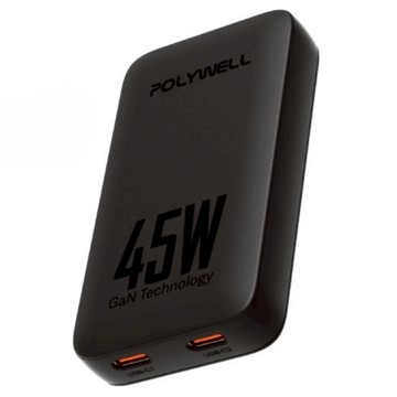 POLYWELL 寶利威爾 45W雙Type-C輕薄型快充頭 電源供應器 GaN氮化鎵  黑色  1個