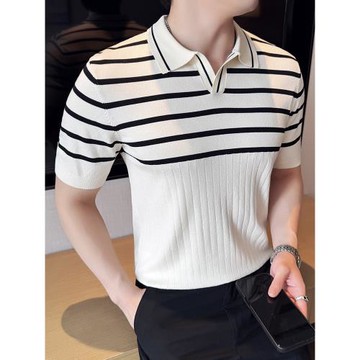 拼色條紋針織polo衫男短袖夏季薄款時尚潮流修身高級感冰絲V領t恤