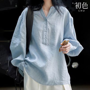 初色 亞麻風防曬寬鬆休閒長袖排扣V領襯衫上衣女上衣-藍色-14935(M-2XL可選)
