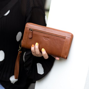 E7TH.真皮手掛式拼接風拉鍊兩用長夾(072621cd)-咖