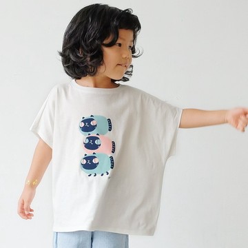 Kids Luna暹羅魚喵/兒童純棉Tshirt 落肩款 白-中性款