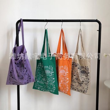 布凡良品/跨境貨源韓系ins抽象印花帆布包原宿風單肩包手提購物袋