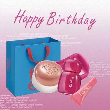 【fwee】生日快樂🎂獨家組合粉色心動鎖色唇露+唇頰兩用布丁膏+3D迷你唇釉+品牌紅包袋(附提袋)
