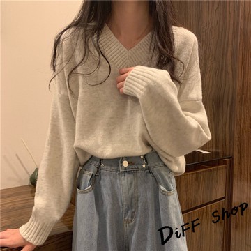 【DIFF】韓版v領寬鬆針織上衣 毛衣 長袖上衣 女裝 衣服 寬鬆上衣 顯瘦上衣 冬裝 長袖t恤 素T 素色【W222】