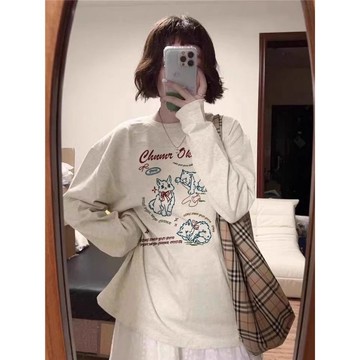 100%純棉白灰色長袖t恤女早秋設計感寬鬆小衆春秋內塔打底衫上衣 大學t oversize 長袖上衣 打底衫 内搭 长袖
