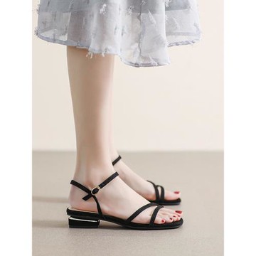 一字帶涼鞋女2024新款時尚簡約法式中跟3CM黑色夏季百搭大碼41-43