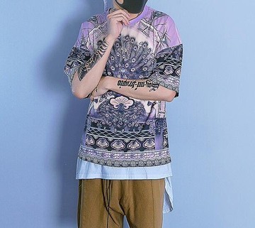 FINDSENSE MD 韓國 潮 男 時尚 街頭hithop 寬鬆 孔雀開屏圖案印花 短袖T恤 特色短T 學生T恤