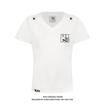 億萬少年BUFU夏季新款釘珠刺繡百搭V領修身短袖t恤女中性辣妹上衣